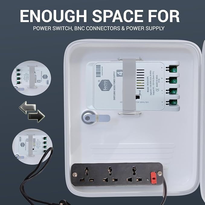 PVC Junction Box Rack All-in-One Organizer for 4/8 Channel CCTV Systems, DVR, NVR, POE Switch & SMPS | 3 Fused Power Sockets | Indoor & Outdoor Compatible